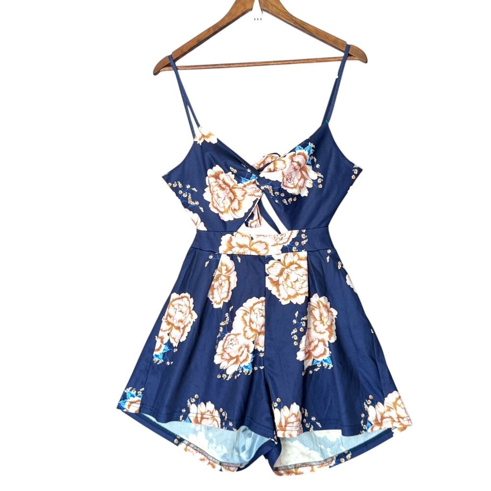 Navy Blue Floral Tie-Front Romper Cottagecore Boho Summer Mβ whimsigoth